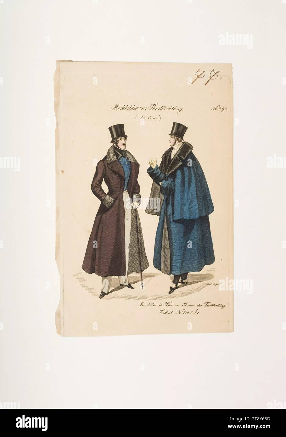 Foto di moda: Due figure, cappotti da uomo, sconosciuto, 1835, carta, colorato, incisione su piastra di rivestimento, altezza 22, 4 cm, larghezza 14, 7 cm, dimensioni piastra 21, 4 x 13, 7 cm, moda, borghesia, piatti di moda, copricapo, dandy, beau, cappotto, amico, la Vienna Collection Foto Stock