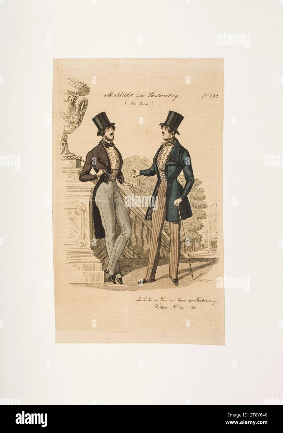 Foto della moda: Due figure, abiti da uomo, sconosciuto, 1836, carta, colorato, incisione su lastre di rame, altezza 23, 9 cm, larghezza 14, 2 cm, dimensioni piastra 21, 9 x 13, 9 cm, moda, borghesia, piatti di moda, copricapo, dandy, beau, cappotto, amico, la Vienna Collection Foto Stock