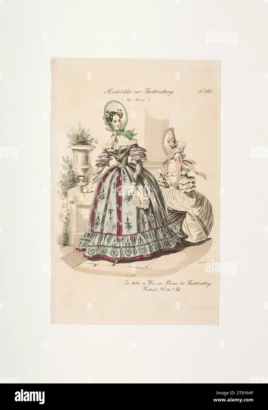 Foto della moda: Due figure, abiti da donna, sconosciuto, 1837, carta, colorato, incisione su lastre di rame, altezza 23, 4 cm, larghezza 14, 4 cm, dimensioni piastra 21, 3 x 14, 4 cm, moda, borghesia, piatti di moda, copricapo, donna, vestito, abito, la Vienna Collection Foto Stock