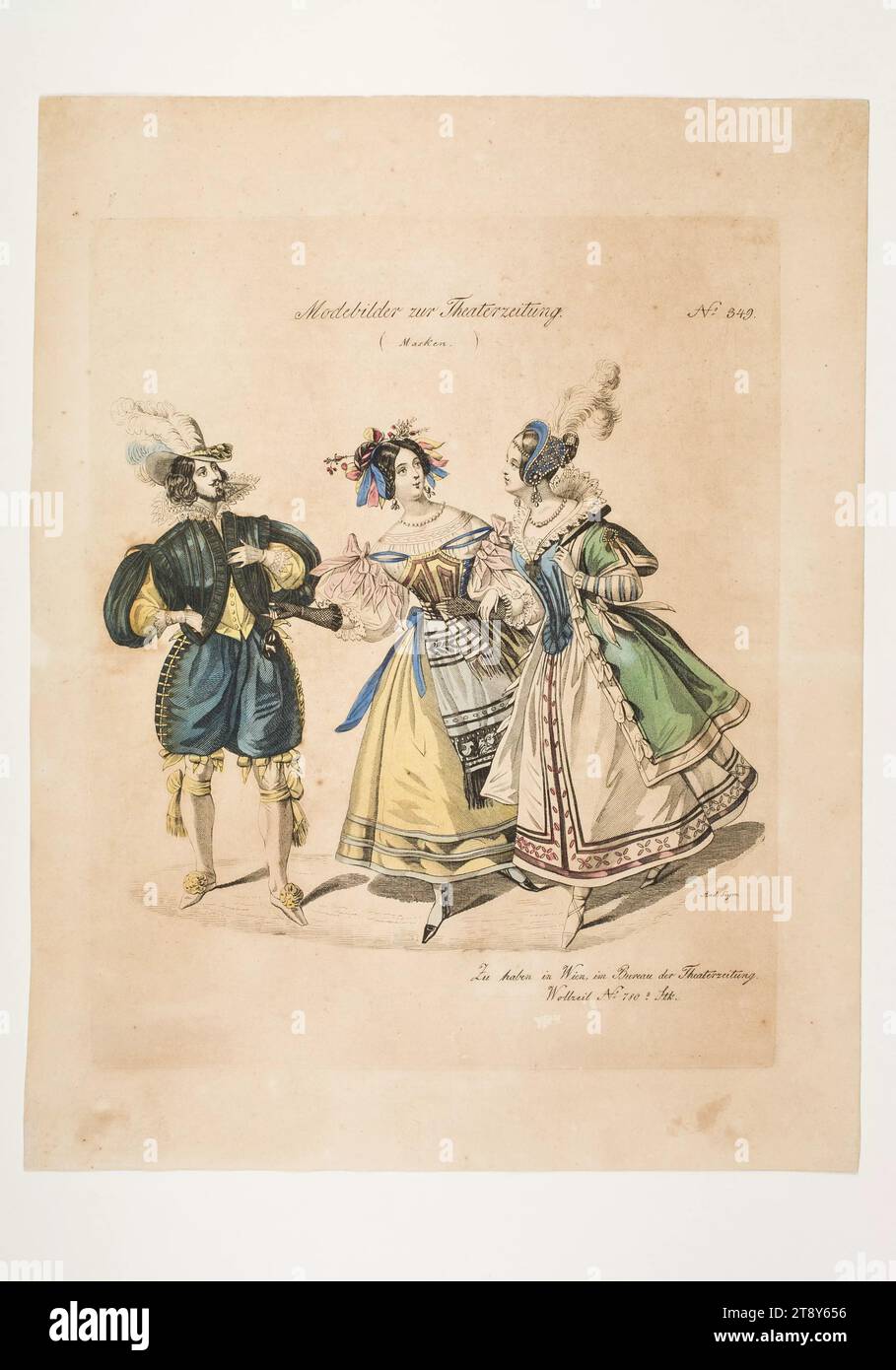 Foto di moda: Tre figure, costumi di carnevale femminili e maschili, sconosciuto, 1837, carta, colorata, incisione su piastra di rame, altezza 28, 3 cm, larghezza 22, 2 cm, dimensioni piastra 22, 4x18, 2 cm, moda, borghesia, costumi, feste pubbliche e celebrazioni, piatti di moda, copricapo, abiti per le occasioni ufficiali, costumi utilizzati nei concorsi, donna, uomo, travestimento, abito, abito, la Vienna Collection Foto Stock