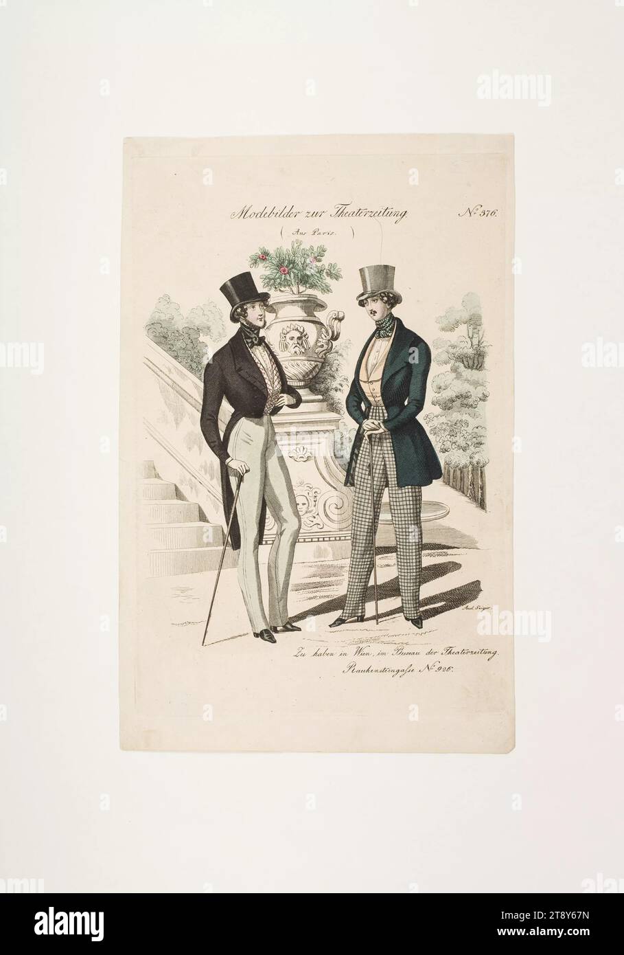 Foto della moda: Due figure, moda maschile, sconosciuto, 1837, carta, colorato, incisione su lastre di rame, altezza 23, 4 cm, larghezza 15 cm, dimensioni piastra 21, 2x14, 1 cm, moda, borghesia, piatti alla moda, copricapo, dandy, beau, cappotto, amico, la Vienna Collection Foto Stock