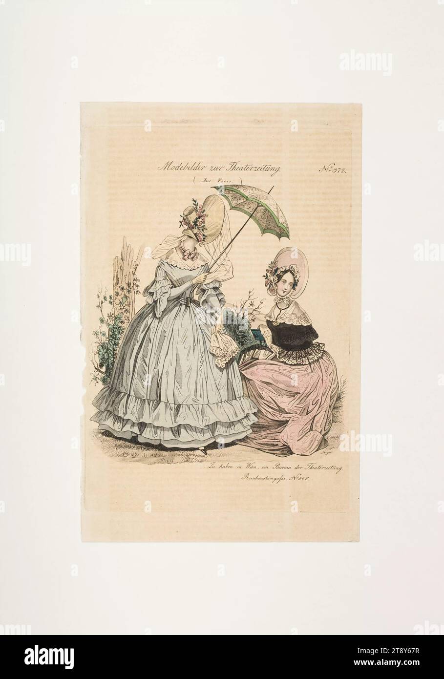 Foto della moda: Due figure, moda femminile, sconosciuto, 1837, carta, colorato, incisione su lastre di rame, altezza 23, 4 cm, larghezza 14, 9 cm, dimensioni piastra 20, 4 x 14, 2 cm, moda, borghesia, piatti di moda, copricapo, donna, vestito, abito, la Vienna Collection Foto Stock