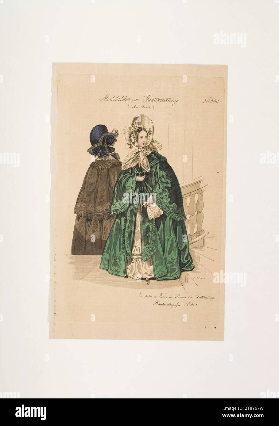 Foto della moda: Due figure, soprabiti da donna, sconosciuto, 1837, carta, colorato, incisione su lastre di rame, altezza 23, 4 cm, larghezza 14, 9 cm, dimensioni piastra 20, 9 x 14 cm, moda, borghesia, inverno, piatti alla moda, capi, cappotto, donna, abito, abito, la Vienna Collection Foto Stock