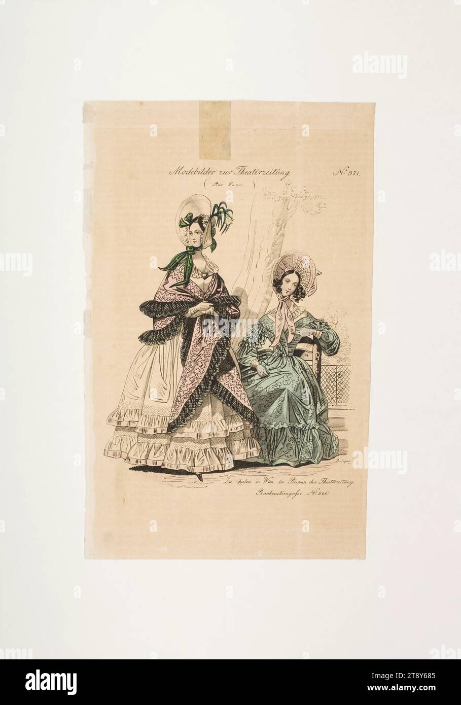 Foto della moda: Due figure, moda femminile, sconosciuto, 1837, carta, colorato, incisione su lastre di rame, altezza 23, 4 cm, larghezza 14, 5 cm, dimensioni piastra 20, 4 x 14 cm, moda, borghesia, piatti alla moda, copricapo, donna, vestito, abito, la Vienna Collection Foto Stock