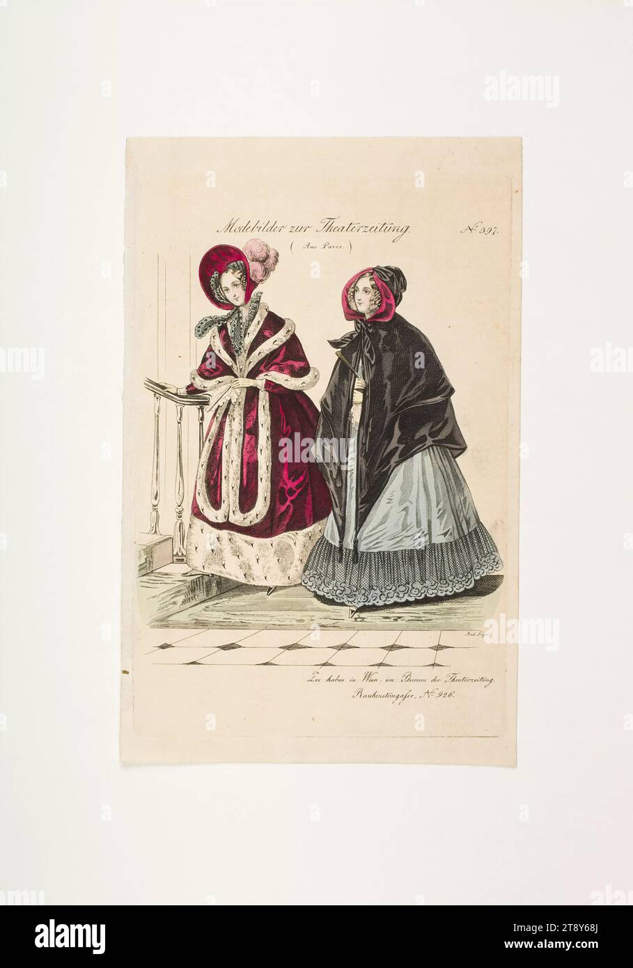 Foto della moda: Due figure, sporgenze femminili, sconosciuto, 1837, carta, colorato, incisione su lastre di rame, altezza 23, 4 cm, larghezza 14, 8 cm, dimensioni piastra 20, 9 x 13, 9 cm, moda, borghesia, Inverno, piatti di moda, copricapo, donna, abito, abito, la Vienna Collection Foto Stock