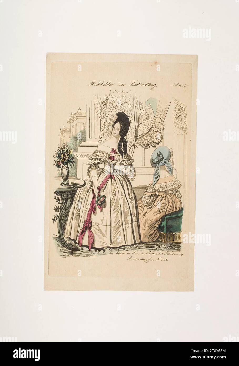 Foto della moda: Due figure, abiti della società, sconosciuto, 1838, carta, colorato, incisione su lastre di rame, altezza 23, 4 cm, larghezza 14, 9 cm, dimensioni piastra 21, 2x13, 8 cm, moda, borghesia, Biedermeier, Festival pubblici e celebrazioni, piatti di moda, copricapo, abiti per le occasioni ufficiali, donna, abito, abito, The Vienna Collection Foto Stock