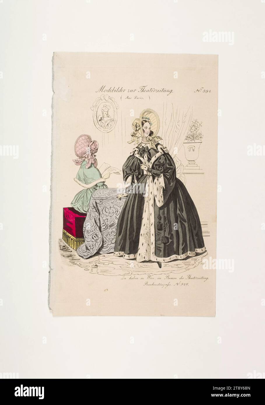 Foto di moda: Due figure, soprabiti da donna, sconosciuto, 1837, carta, colorato, incisione su lastre di rame, altezza 23, 4 cm, larghezza 14, 9 cm, dimensioni piastra 20, 9 x 14, 2 cm, moda, borghesia, piatti di moda, copricapo, cappotto, donna, abito, abito, la Vienna Collection Foto Stock