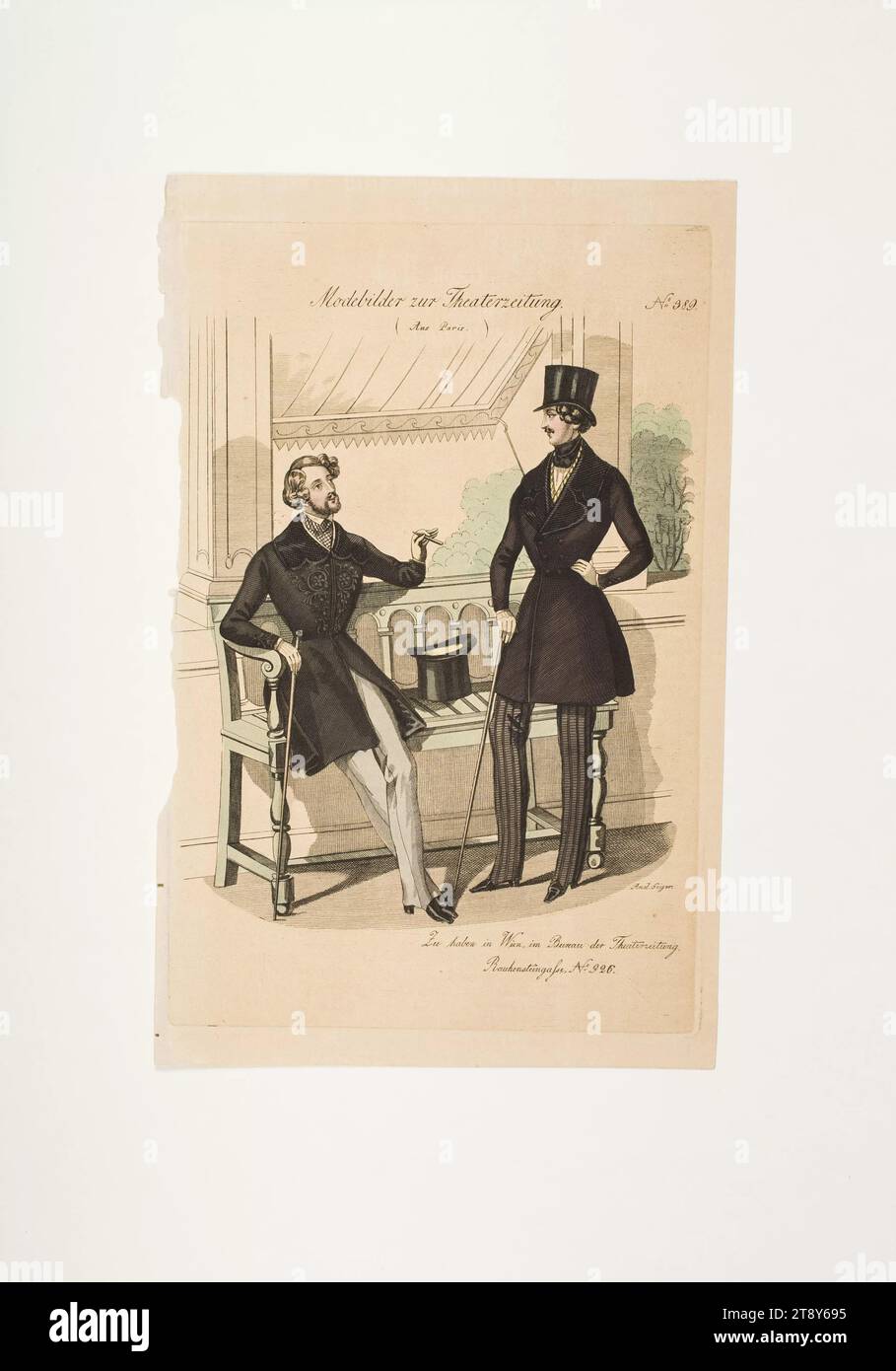 Foto della moda: Due figure, abiti da uomo, sconosciuto, 1837, carta, colorato, incisione su lastre di rame, altezza 23, 4 cm, larghezza 14, 9 cm, dimensioni piastra 21, 2x13, 9 cm, moda, borghesia, piatti di moda, copricapo, dandy, beau, cappotto, amico, la Vienna Collection Foto Stock