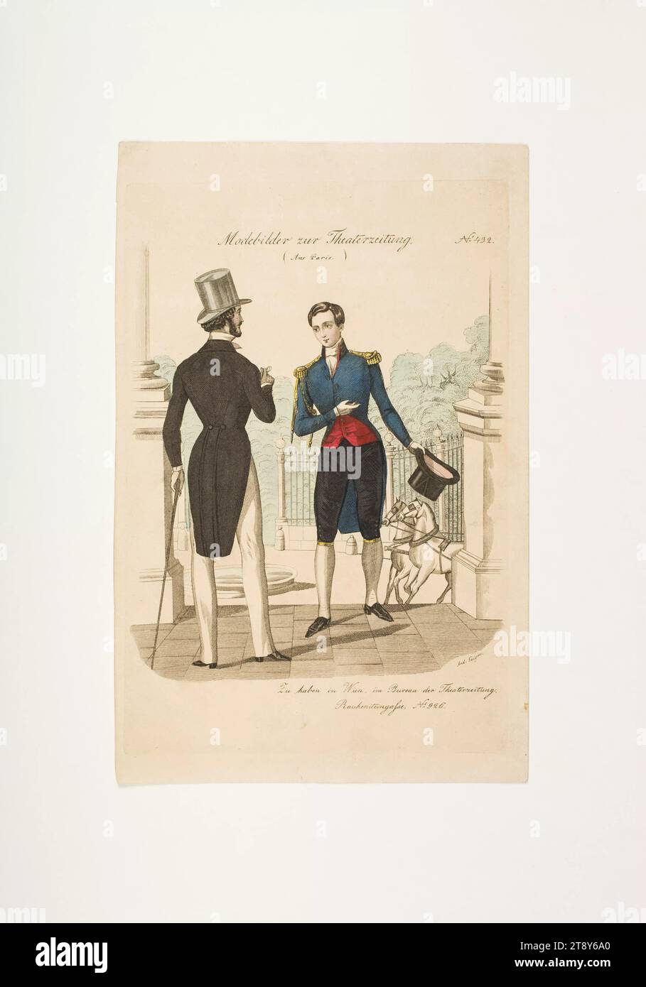 Foto di moda: Due figure, abito da uomo, livrea lacchè, sconosciuto, 1838, carta, colorata, incisione su copperplate, altezza 23, 4 cm, larghezza 15, 1 cm, dimensioni piastra 20, 9 x 14, 1 cm, moda, borghesia, piatti di moda, copricapo, dandy, beau, cappotto, uomo, la Vienna Collection Foto Stock