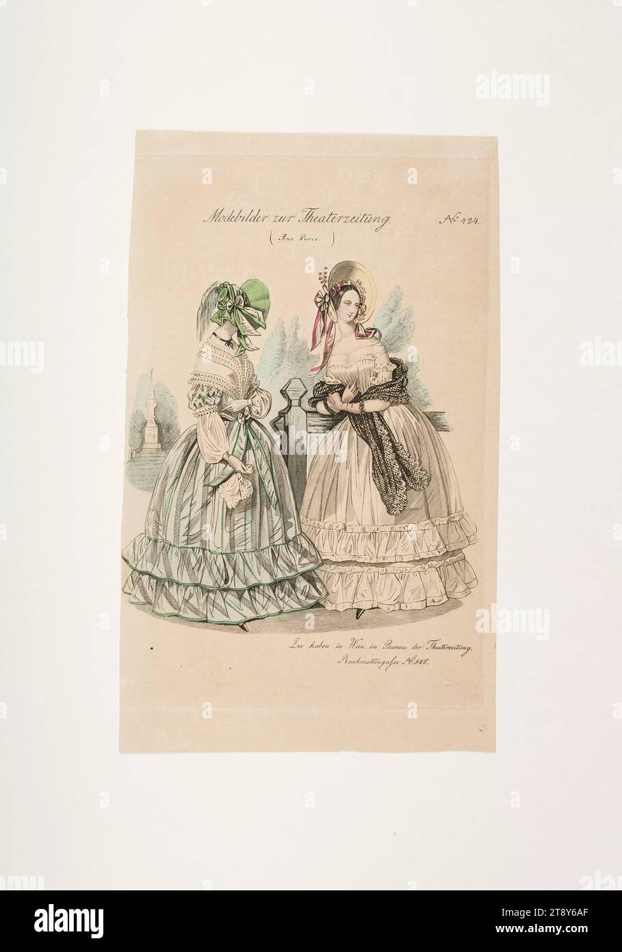 Foto della moda: Due figure, abiti estivi femminili, sconosciuto, 1838, carta, colorato, incisione su lastre di rame, altezza 23, 4 cm, larghezza 14, 3 cm, dimensioni piastra 20, 8 x 13, 8 cm, moda, borghesia, piatti di moda, copricapo, donna, vestito, abito, la Vienna Collection Foto Stock