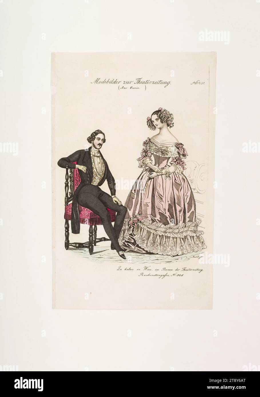 Foto di moda: Due figure, costume da ballo maschile e femminile, sconosciuto, 1839, carta, colorato, incisione su piastra di rame, altezza 23, 4 cm, larghezza 14, 6 cm, dimensioni piastra 21 x 13, 8 cm, moda, borghesia, Biedermeier, danza, festival pubblici e celebrazioni, costumi, vita notturna, piatti di moda, attrezzature per la testa, abito, abito: palla, uomo, la Vienna Collection Foto Stock