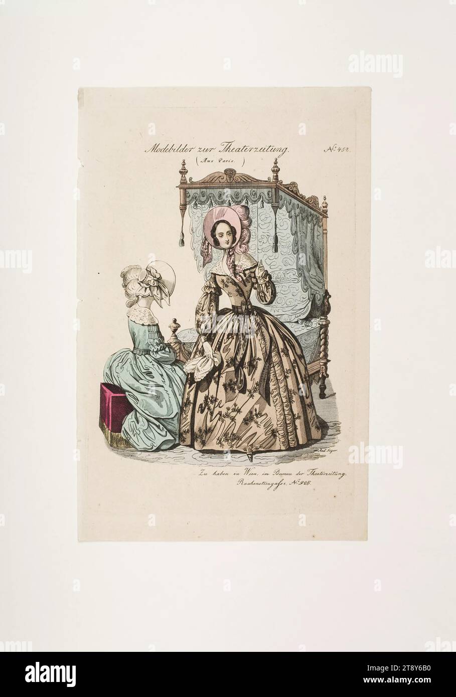 Foto della moda: Due figure, abiti da donna, sconosciuto, 1839, carta, colorato, incisione su lastre di rame, altezza 23, 4 cm, larghezza 15, 1 cm, dimensioni piastra 21, 1 x 13, 9 cm, moda, borghesia, piatti di moda, copricapo, donna, vestito, abito, la Vienna Collection Foto Stock