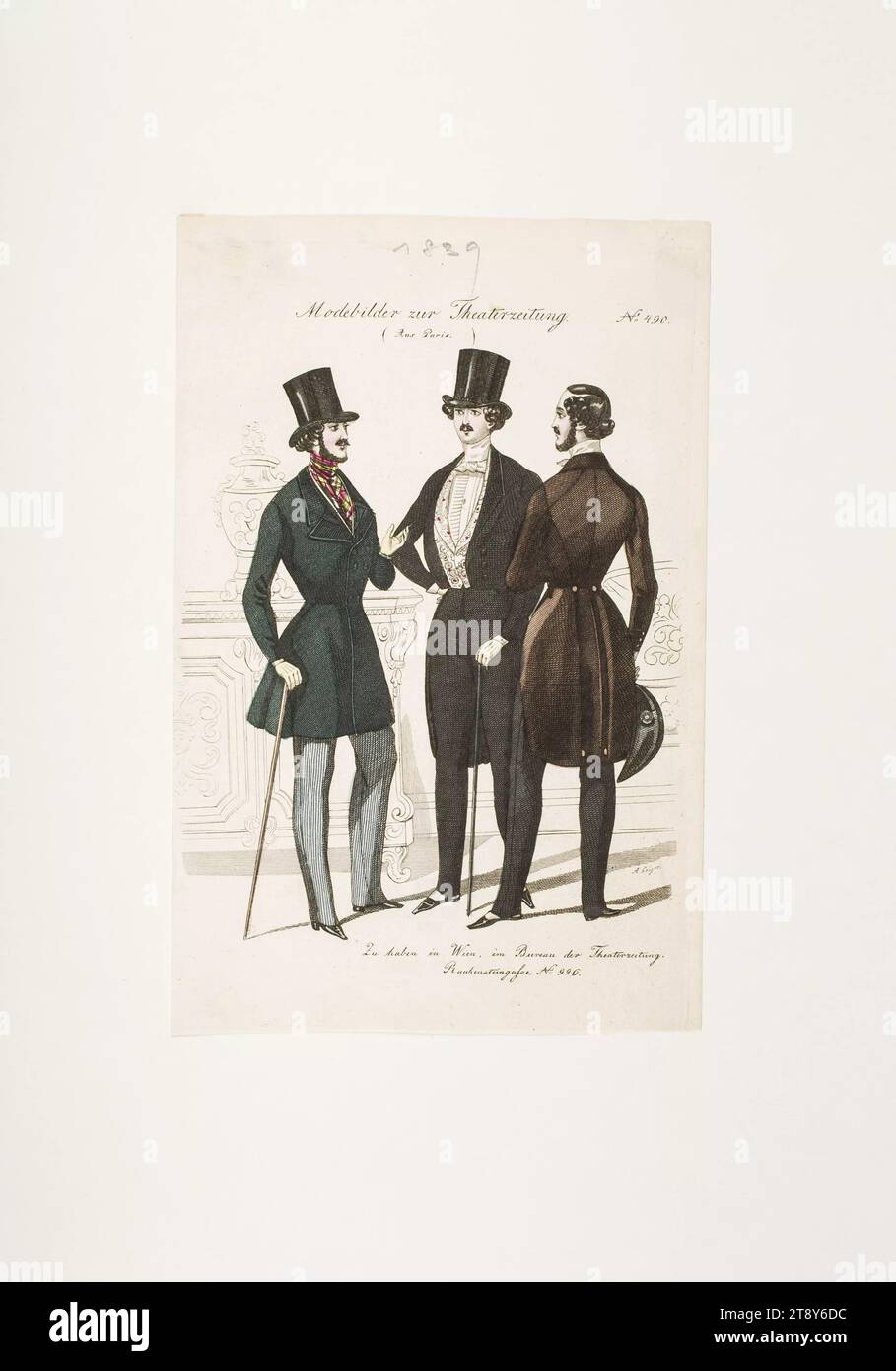 Foto della moda: Tre figure, moda maschile, sconosciuto, 1839, carta, colorato, incisione su piastra di rivestimento, altezza 21, 4 cm, larghezza 14 cm, dimensioni piastra 20, 7 x 13, 6 cm, moda, borghesia, piatti alla moda, copricapo, dandy, beau, cappotto, amico, la Vienna Collection Foto Stock