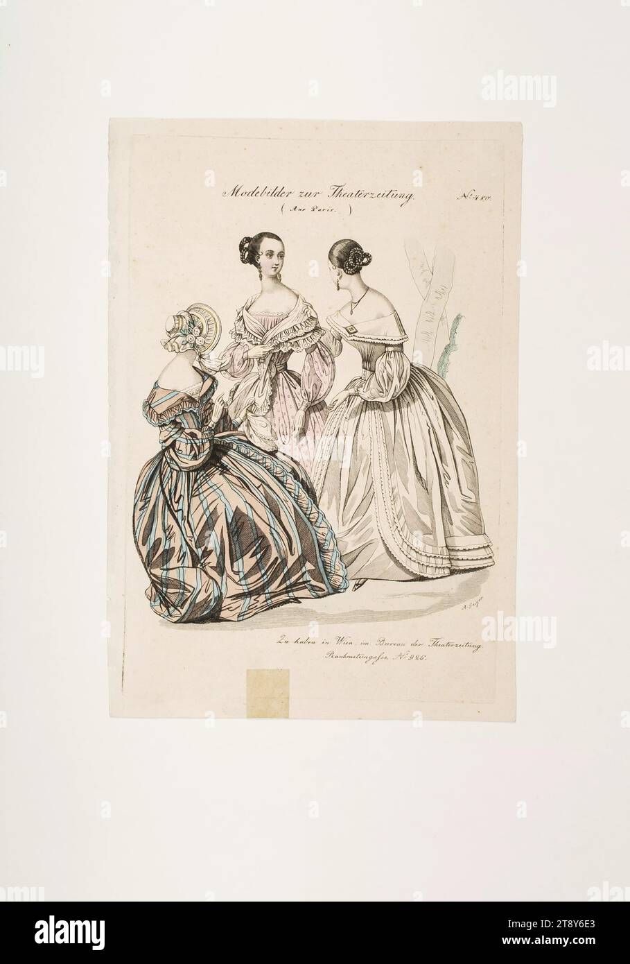 Foto della moda: Tre personaggi, abiti da società, sconosciuto, 1839, carta, colorato, incisione su piastra di rivestimento, altezza 22, 4 cm, larghezza 15, 3 cm, dimensioni piastra 21, 1 x 13, 9 cm, moda, borghesia, Festival e celebrazioni pubbliche, piatti di moda, capi, abiti per occasioni ufficiali, donna, abito, abito, la Vienna Collection Foto Stock