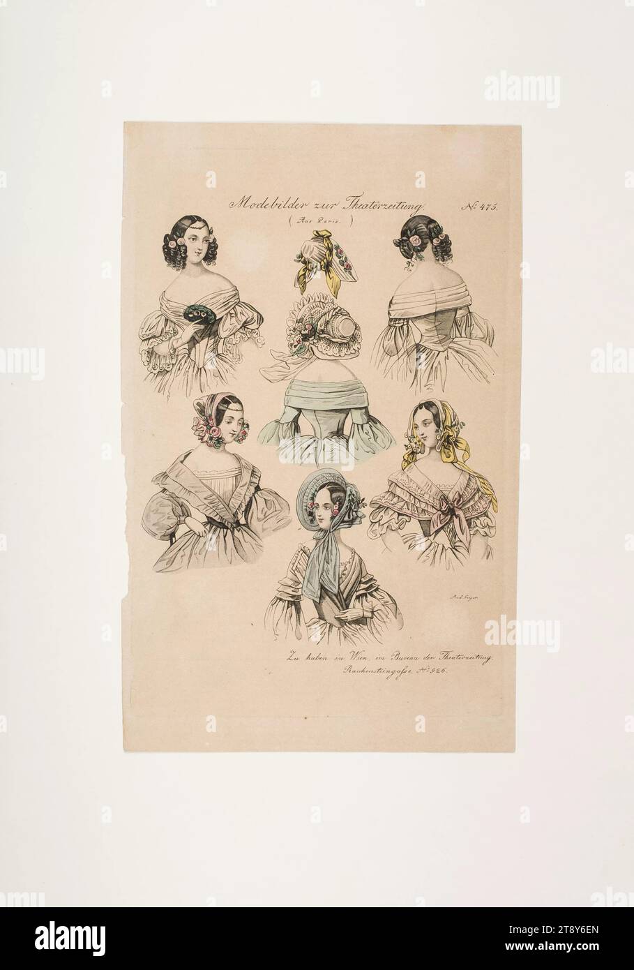 Foto di moda: Sette abiti femminili per capelli e cappello, sconosciuto, 1839, carta, colorata, incisione su piastra di rame, altezza 23, 4 cm, larghezza 14, 7 cm, dimensioni piastra 21, 1 x 13, 9 cm, moda, borghesia, Biedermeier, piatti alla moda, copricapo, parrucchiere, donna, accessori ( abbigliamento), The Vienna Collection Foto Stock