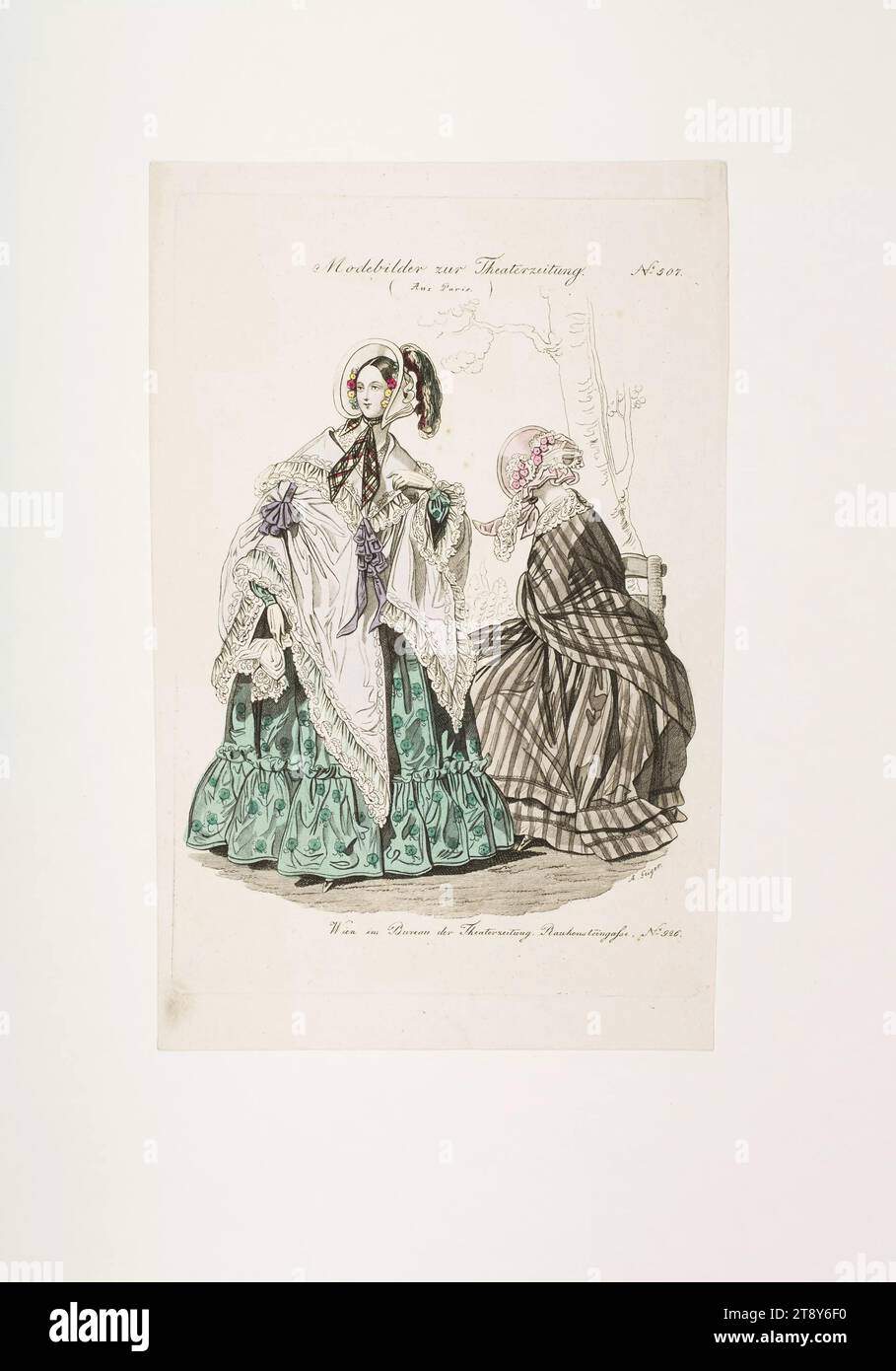 Foto della moda: Due figure, moda femminile (cappe), sconosciuto, 1840, carta, colorato, incisione su lastre di rame, altezza 23, 4 cm, larghezza 14, 7 cm, dimensioni piastra 21 x 13, 9 cm, moda, borghesia, piatti alla moda, copricapo, cappotto, mantello, donna, abito, abito, la Vienna Collection Foto Stock