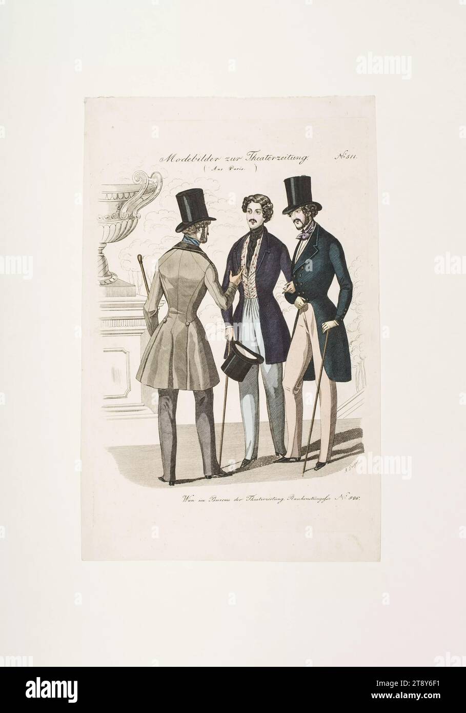 Foto della moda: Tre figure, moda maschile, sconosciuto, 1840, carta, colorato, incisione su lastre di rame, altezza 23, 4 cm, larghezza 15, 2 cm, dimensioni piastra 20, 9 x 14, 1 cm, moda, borghesia, piatti di moda, copricapo, dandy, beau, cappotto, amico, la Vienna Collection Foto Stock
