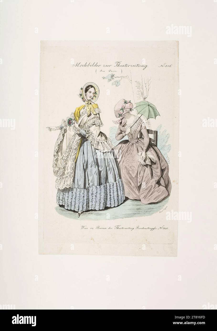 Foto della moda: Due figure, moda femminile, sconosciuto, 1840, carta, colorato, incisione su lastre di rame, altezza 23, 4 cm, larghezza 15, 2 cm, dimensioni piastra 21, 4 x 14, 2 cm, moda, borghesia, piatti di moda, capo, mantello, donna, abito, abito, la Vienna Collection Foto Stock