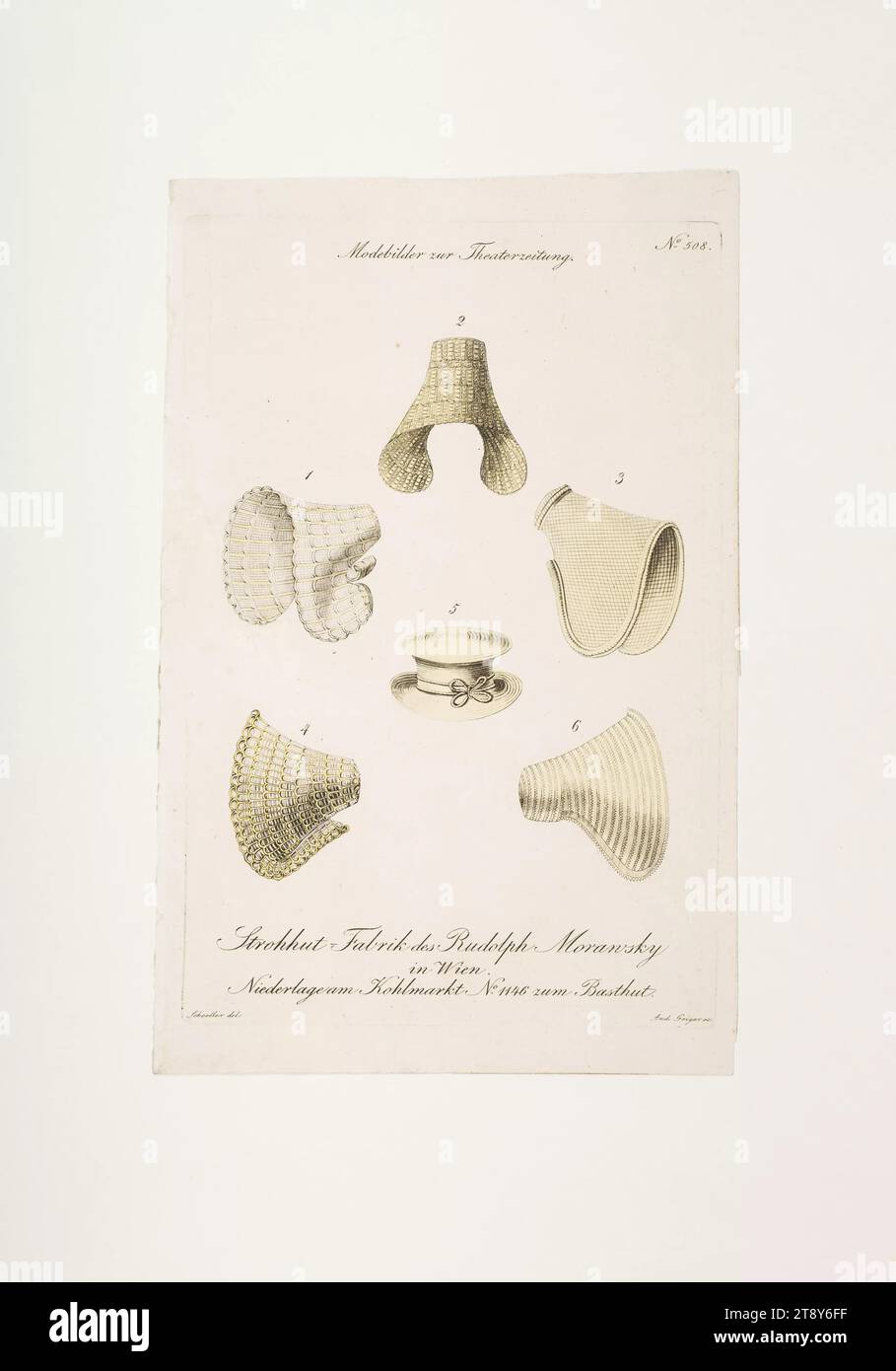 Foto della moda: Sei modelli di cappello di paglia da donna, sconosciuto, 1840, carta, colorato, incisione su piastra di rame, altezza 23, 6 cm, larghezza 15, 4 cm, dimensioni piastra 21, 2 x 14 cm, moda, borghesia, piatti di moda, Head-Gear, la Vienna Collection Foto Stock