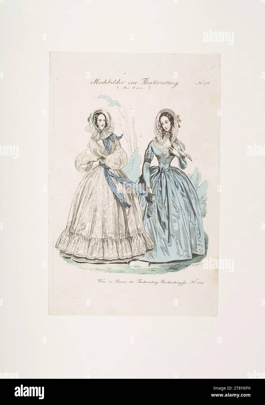 Foto della moda: Due figure, abiti da donna, sconosciuto, 1840, carta, colorato, incisione su lastre di rame, altezza 23, 4 cm, larghezza 15, 1 cm, dimensioni piastra 21, 4 x 14, 1 cm, moda, borghesia, piatti di moda, copricapo, donna, vestito, abito, la Vienna Collection Foto Stock