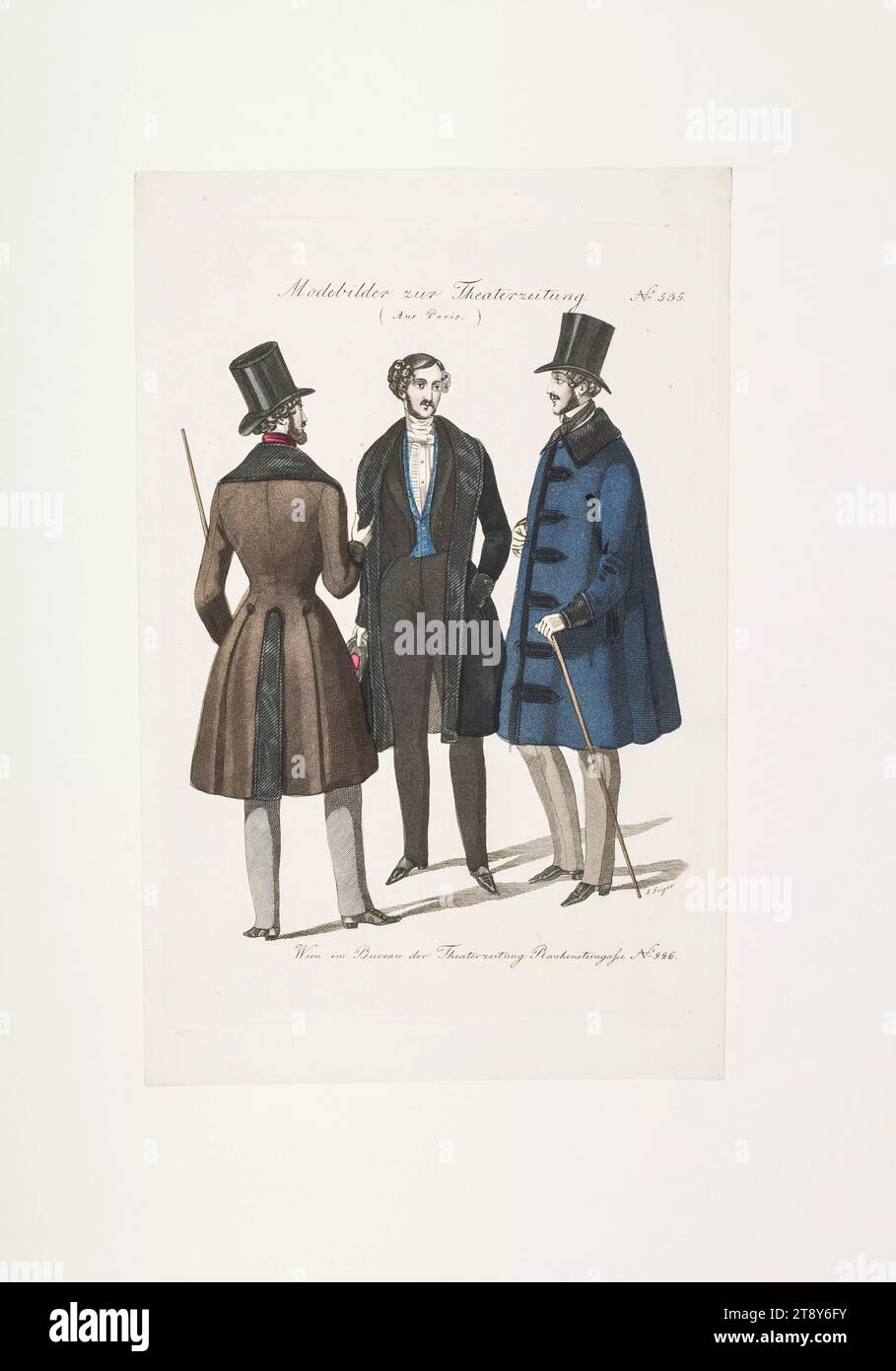 Foto della moda: Tre figure, moda maschile, sconosciuto, 1840, carta, colorato, incisione su piastra di rivestimento, altezza 24 cm, larghezza 15, 4 cm, dimensioni piastra 21, 2 x 14 cm, moda, borghesia, piatti di moda, copricapo, dandy, beau, cappotto, uomo, la Vienna Collection Foto Stock