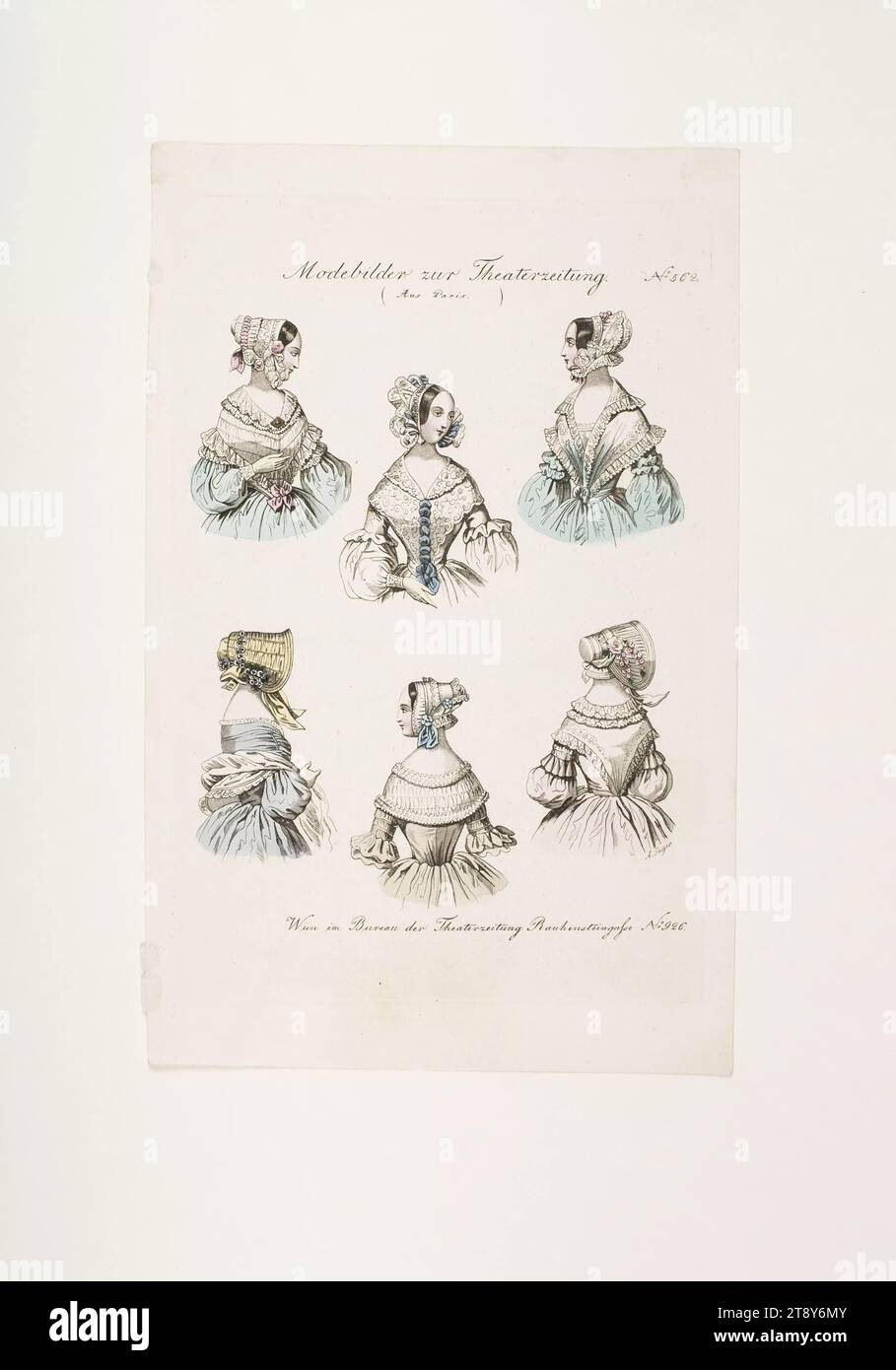 Foto di moda: Sei figure, abiti da donna con cappello e cappuccio, sconosciuto, 1841, carta, colorata, incisione su piastra di rame, altezza 24, 4 cm, larghezza 15, 4 cm, dimensioni piastra 21, 1 x 14 cm, moda, borghesia, piatti di moda, copricapo, parrucchiere, donna, accessori ( abbigliamento), The Vienna Collection Foto Stock