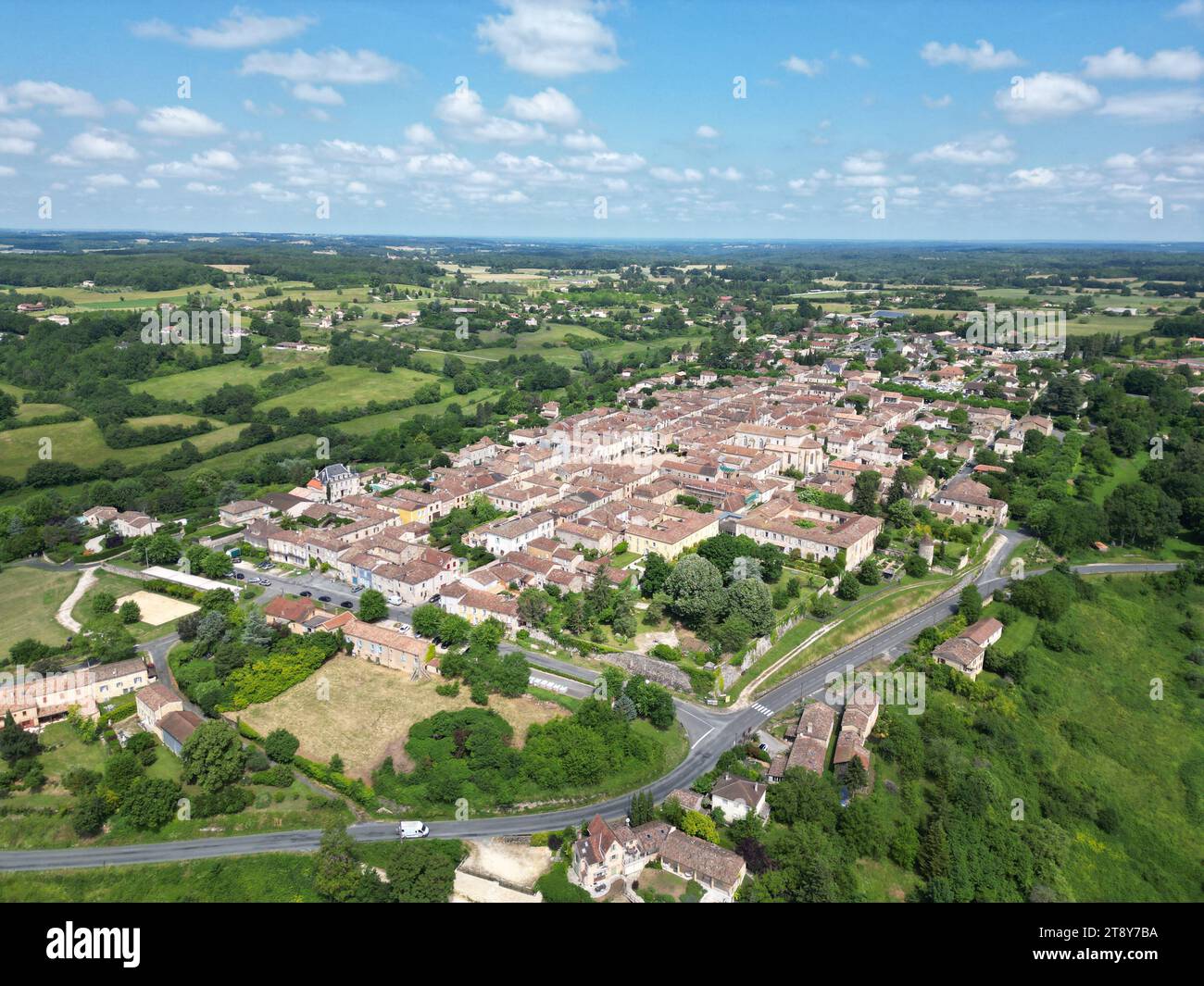 Monpazier, Francia, creazione di un colpo aereo Foto Stock