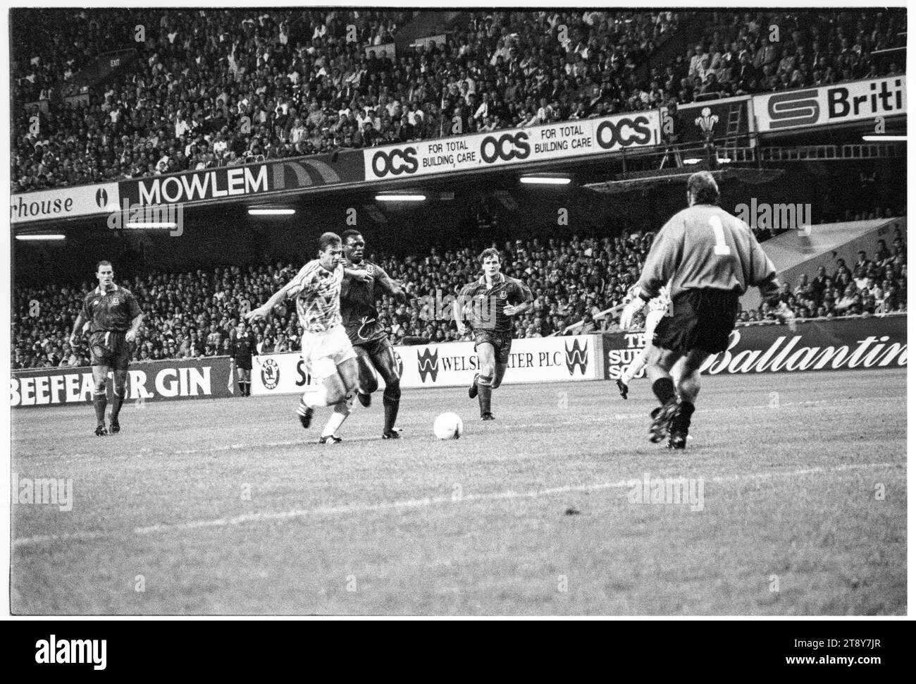 Mark Hughes commette un errore ed Eric Young non può tenere a bada Pavel Kuka che segna il gol di apertura. Qualificazioni al gruppo 4 della Coppa del mondo FIFA 1994 – Galles contro RCS (Cecoslovacchia AKA Representation of Czechs and Slovaks) al Cardiff Arms Park, Galles, Regno Unito l'8 settembre 1993. Una vittoria per il Galles in questa partita avrebbe quasi garantito la qualificazione con 2 partite a gironi rimanenti. Hanno guidato 2-1 ma hanno concesso un gol di punizione da Peter Dubovský e la partita è finita 2-2. Foto: Rob Watkins Foto Stock