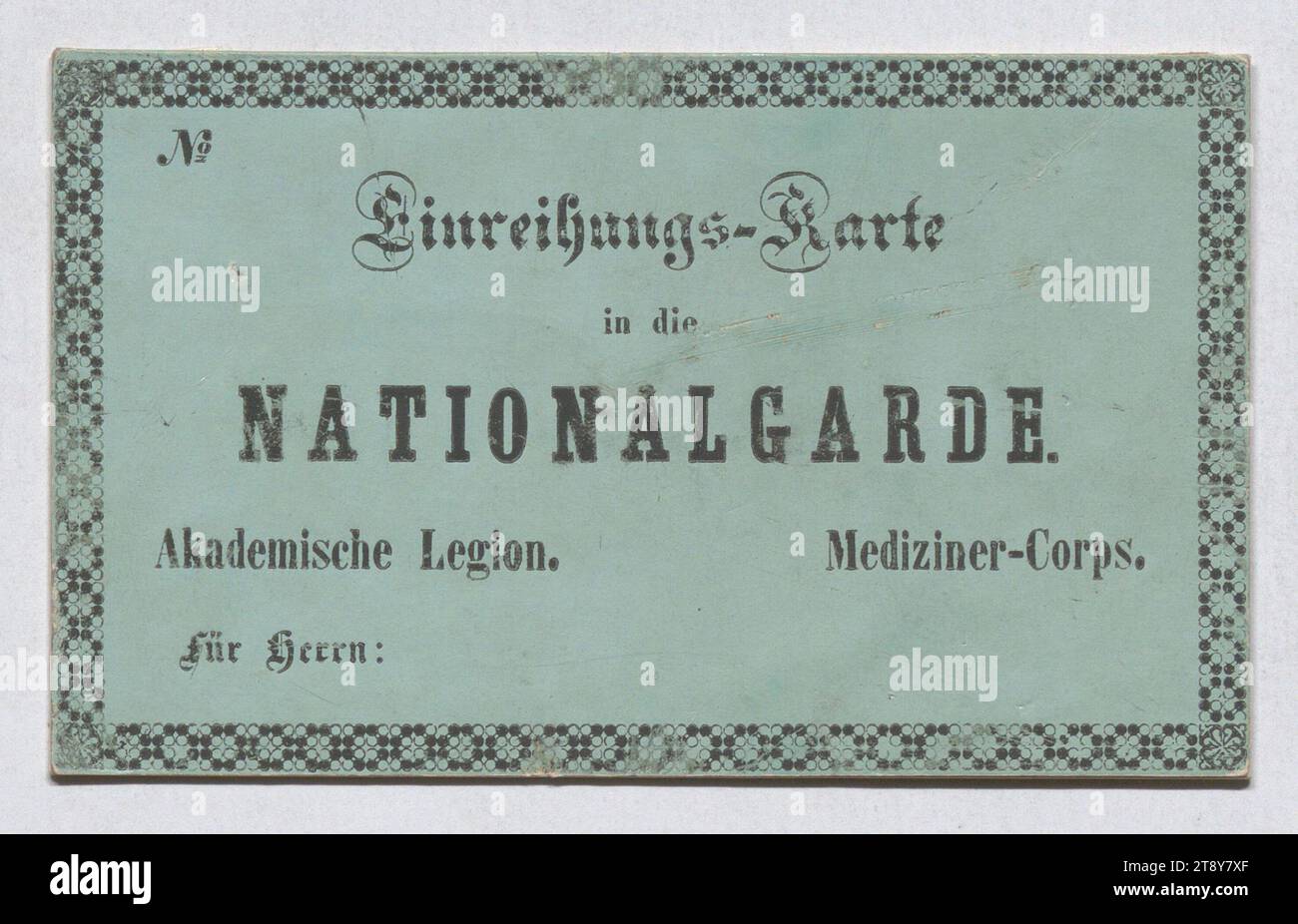 Carta di arruolamento nella Guardia Nazionale, Legione accademica, corpo medico, sconosciuto, 1848, cartone, stampa, altezza 7 cm, larghezza 11,7 cm, militare, università, borghesia, rivoluzioni del 1848, 1849, comunicazione (militare), la Vienna Collection Foto Stock