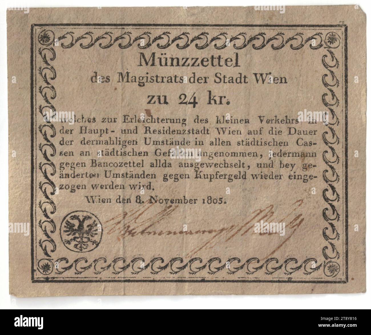 Mint note, Occupation Money, 24 Kreuzer, Magistrat der k. k. Reichshaupt- und Residenzstadt Wien, Münzbehörde, 08.11.1805, paper, print, altezza x larghezza 92 x 109 mm, menta, Vienna, area di monetazione, Austria, Empire (1804-1867), finanza, marchio commerciale, monetazione privata, la Vienna Collection Foto Stock