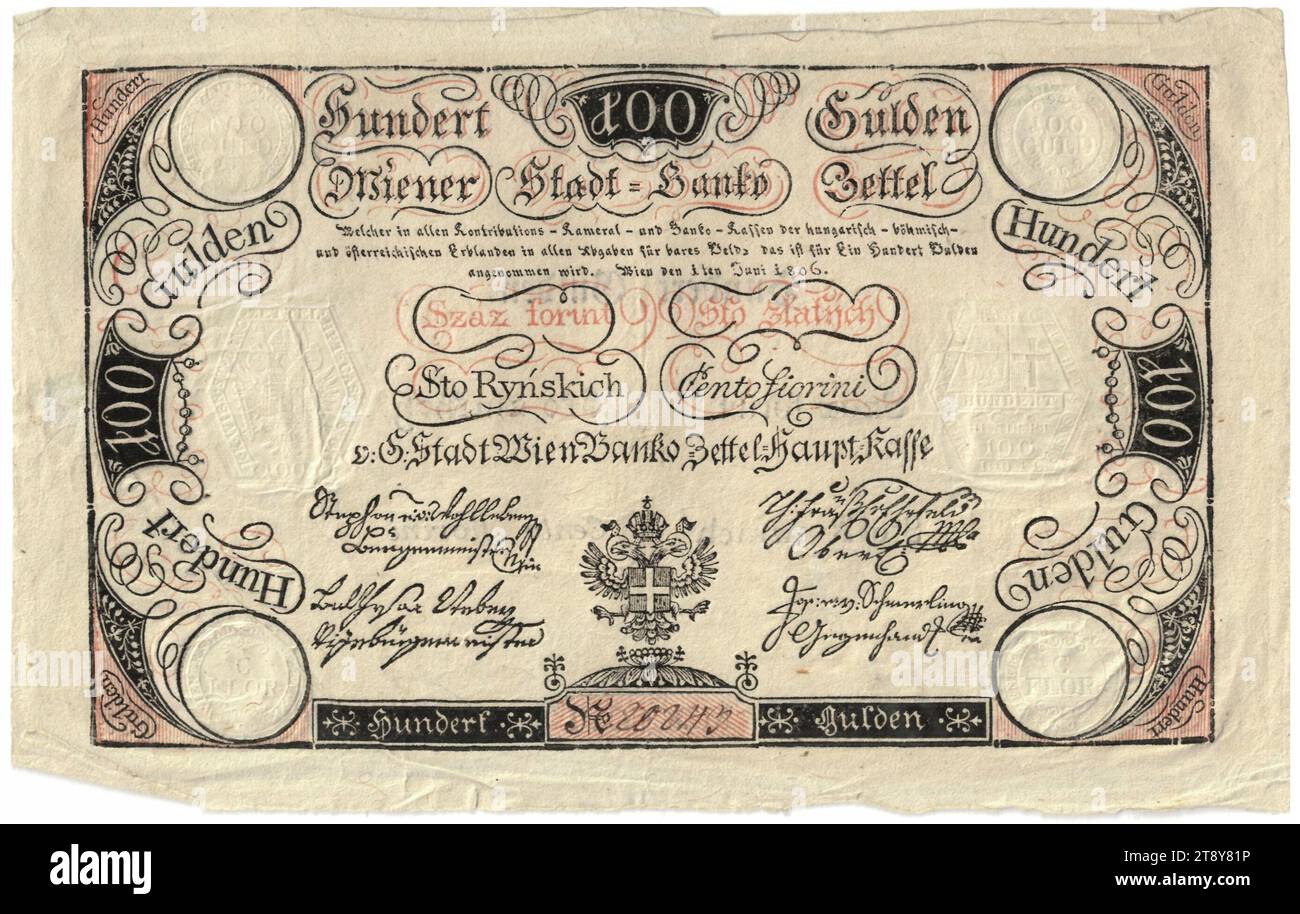 Banco Slip, 100 florins, Vienna City Banco, Mint Authority, 01.06.1806, carta, stampa, altezza 112 mm, larghezza 177 mm, menta, Vienna, zona di coniazione, Austria, Impero (1804-1867), finanze, stemma (simbolo di stato, ecc.), banconota, denaro, la Vienna Collection Foto Stock