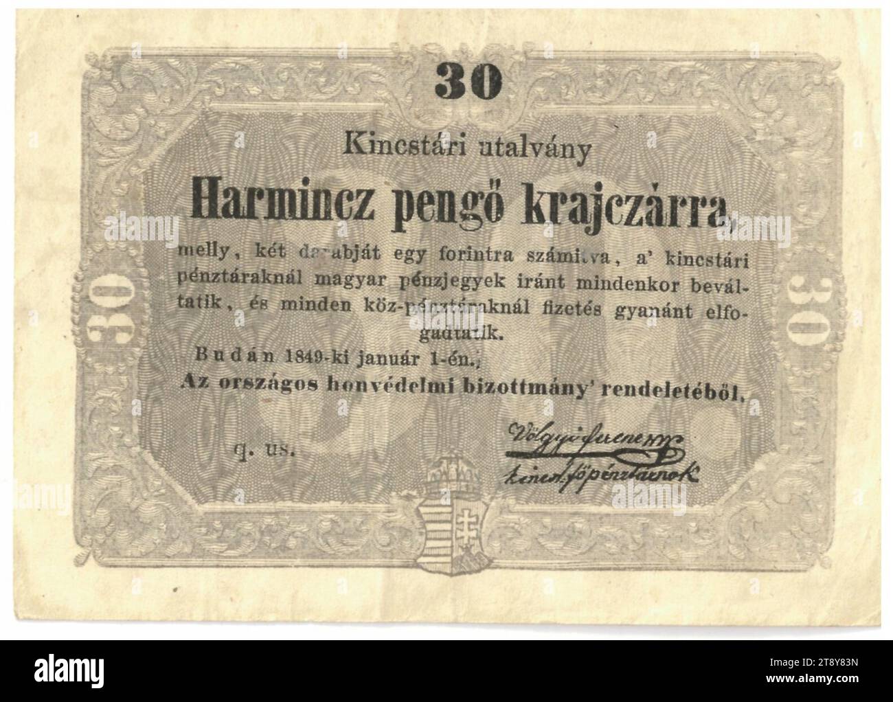 Pénzjegy (banconota), 30 Forint, Ministero delle Finanze ungherese, autorità di coniazione, 01.09.1849, carta, stampa, altezza x larghezza 72 x 100 mm, menta, Buda, Ofen, area di coniazione, Ungheria, Regno (Impero d'Austria, rivolta del 1848, 1849), finanza, stemma (simbolo di stato, ecc.), banconote, denaro, la Vienna Collection Foto Stock