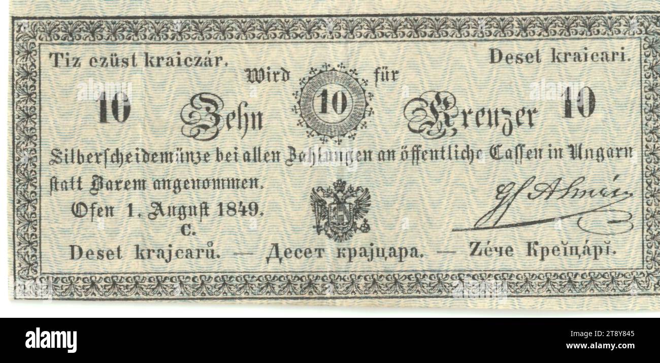 Biglietto Mint, 10 Kreuzer, k.k. Hauptmünzamt, Münzbehörde, 01.08.1849, carta, stampa, altezza x larghezza 44 x 91 mm, menta, Buda, Ofen, zona di coniazione, Ungheria, regno (Impero d'Austria, rivolta del 1848, 1849), finanza, stemma (simbolo dello stato, ecc.), banconote, denaro, la collezione di Vienna Foto Stock