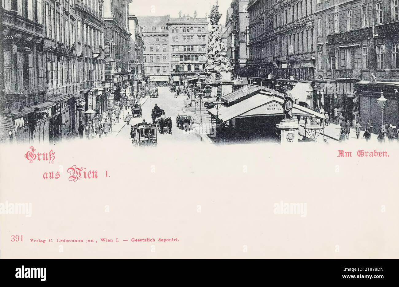 Saluto da Vienna io AM Graben, Carl (Karl) Ledermann Jr, produttore, datato intorno al 1898, cartone, collotipo, caffetterie, 1° distretto: centro città, casa ordinaria o fila di case, basso edificio, casa con negozio, piazza, luogo, circo, ecc., monumento, statua, scultura, con persone, quattro ruote, veicolo animale, ad esempio: Droschke, carrozza, carro, diligenza, omnibus, tram trainati da cavalli, colonna della peste, fossato, colonna della Trinità (1)., collezione Vienna Foto Stock