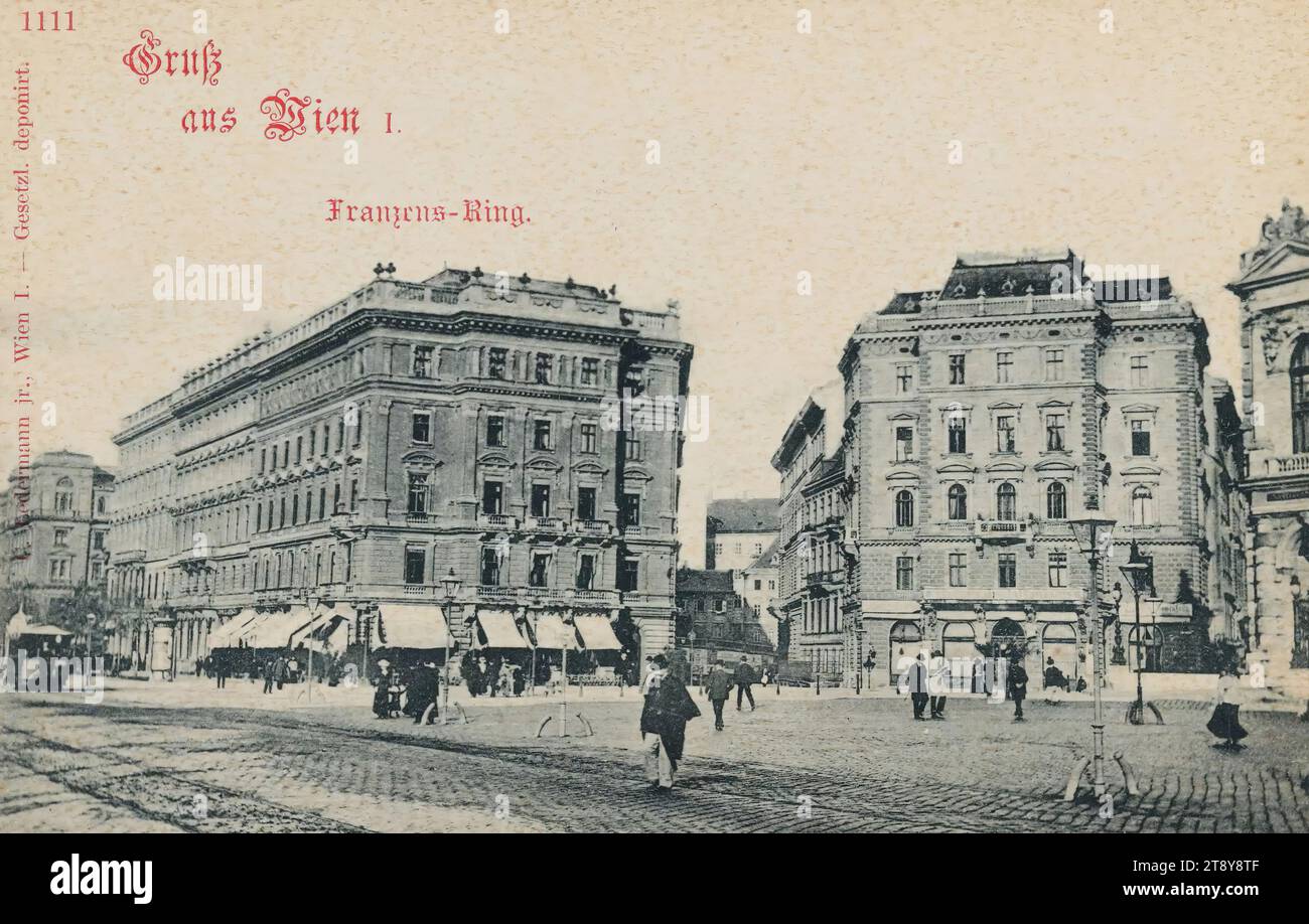 1, Universitätsring 4-8, così come Löwelstraße 20 u. 22, cartolina fotografica, Carl (Karl) Ledermann jun., produttore, data circa 1898, cartone, collotipo, Ringstraße, trasporti pubblici, traffico e trasporti, 1° distretto: centro città, con persone, ferrovia, tram; ferrovia a cremagliera, la solita casa o fila di case, casa condominiale, casa con negozio, Universitätsring, la Vienna Collection Foto Stock