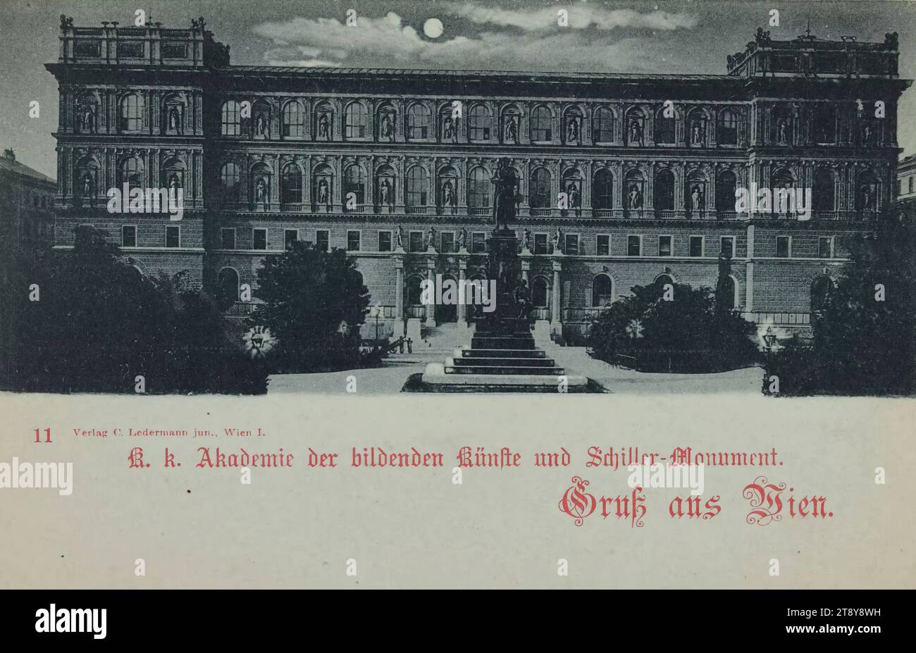 1, Schillerplatz 3 - Accademia di Belle Arti, con monumento Schiller, di notte, cartolina fotografica, Carl (Karl) Ledermann Jr, creatore, datata intorno al 1898, cartone, collotipo, belle arti, istruzione e formazione, università, 1: centro città, monumento, statua, scultura, notte, illuminazione stradale, Accademia di Belle Arti, Schillerplatz, monumento Schiller, collezione Vienna Foto Stock