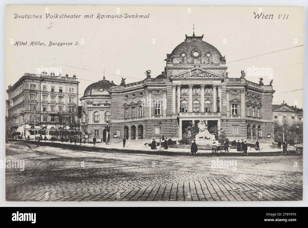 7th, Burggasse 2 - Volkstheater, cartolina fotografica, Paul Ledermann (1882-1946), produttore, 1911, cartone, collotipo, iscrizione, DA, Vienna, A, Vienna, INDIRIZZO, Fräulein, Vienna, XVII, 2 Zwerngasse 16, NACHRICHT, cara Frieda! Ti prego di portarmi, quando entri tu o Emmy, la mia giacca da golf grigia. Ho paura di prendere freddo in questo tempo quando sono in abiti leggeri. Cordiali saluti Hilde, teatro, media e comunicazione, cartoline con traslitterazione, 7° distretto: Nuovo edificio, teatro (edificio), con persone, monumento, statua, scultura, teatro della gente Foto Stock