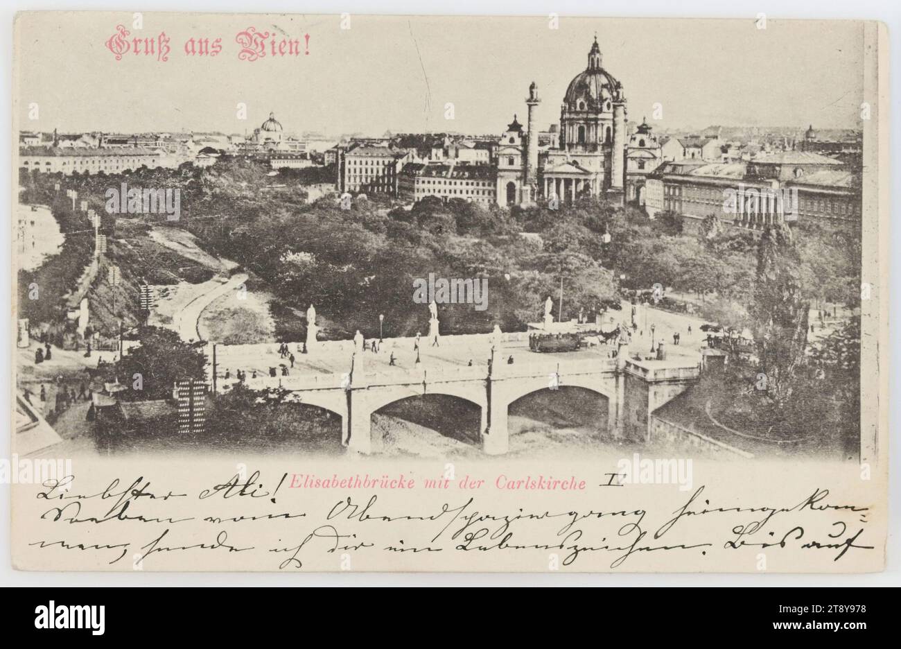 4, Karlsplatz - Wienfluss - Elisabethbrücke, vista contro Karlskirche, cartolina fotografica, sconosciuto, 1899, cartone, collotipo, iscrizione, DA, Vienna, A, Wels, INDIRIZZO, a Wohlgeboren, Herr, Einjahr. Freiw. Pad Herr Wachtmeister [nome], Wels, K. k. Dragoner Kaserne, MESSAGE, Dearest Ali!, appena a casa dalla passeggiata serale, vi mando un segno di vita. Fino a, Karlsplatz, attrazioni, università, fiume Wien, educazione e formazione, Media e comunicazione, luoghi ed edifici scomparsi, cartoline con traslitterazione, 4: Wieden, 1 ° distretto: città interna, Chiesa (esterna), Ponte, canali Foto Stock