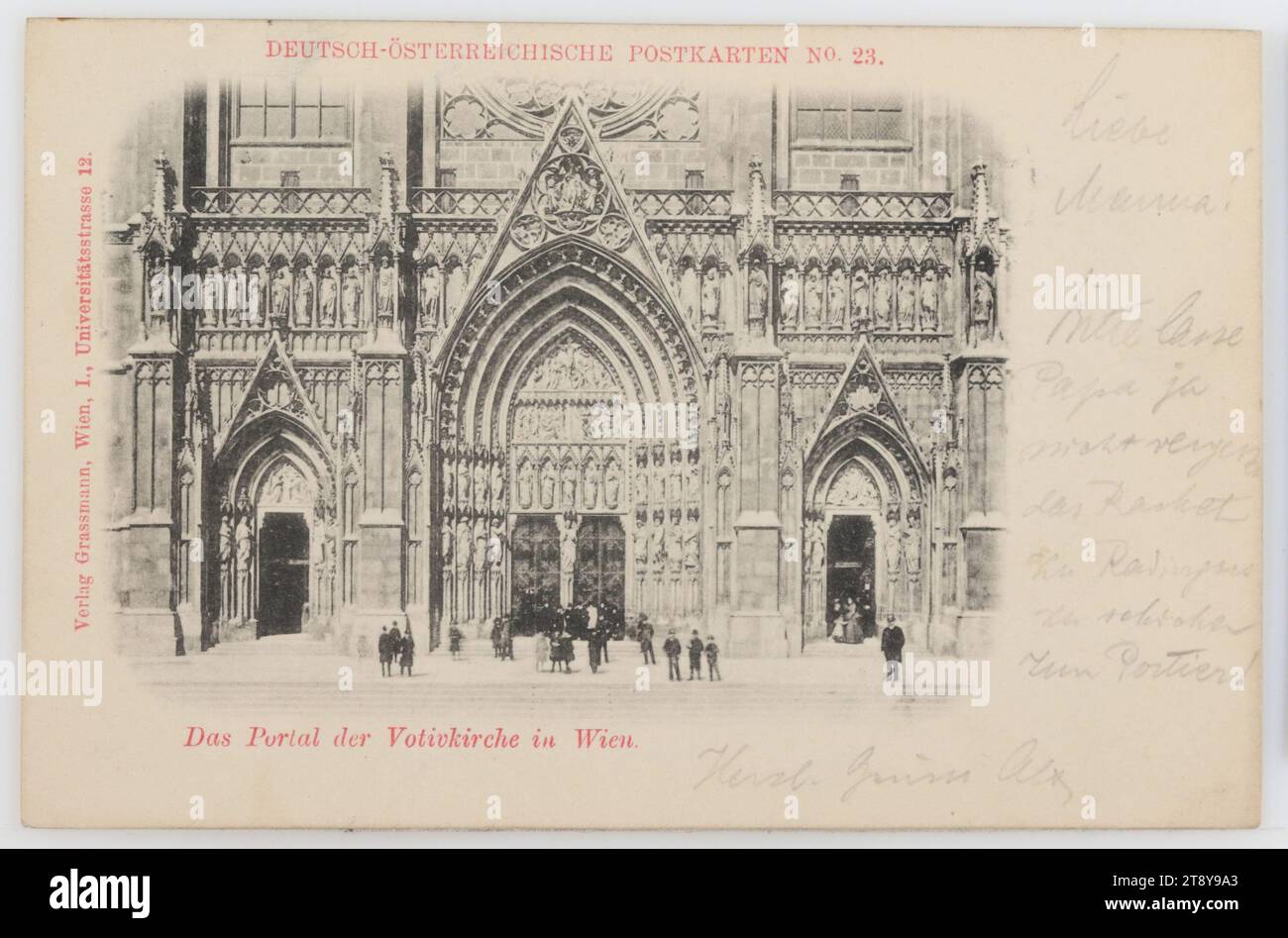 9, Roosevelt veltplatz - Votivkirche - Portale, cartolina fotografica, editore Grassmann, produttore, 1898, cartone, collotipo, iscrizione, DA, Vienna, A, Vienna 17, INDIRIZZO, Hochwohlg. Frau, Zwerngasse 16, D.A.IX Roosevelt veltplatz, MESSAGGIO, cara mamma!, ti prego, lascia che papa' non dimentichi la racchetta, a Radinger per mandarla al facchino!, Herzl. Saluti Ali, luoghi di interesse, Media e comunicazione, cartoline con traslitterazione, nono distretto: Alsergrund, Chiesa (esterna), con persone, parti della chiesa esterna e allegati: portale, Votivkirche, calligrafia, testo scritto, Roosevelt veltplatz Foto Stock