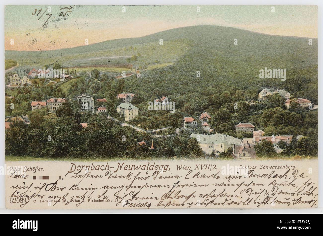 17°, panorama di Dornbach e Neuwaldegg, con Castello di Schwarzenberg, cartolina fotografica, Carl (Karl) Ledermann jun., produttore, 1903, cartone, stampa eliocroma, iscrizione, DA, Vienna, A, Peuerbach, INDIRIZZO, Signorina, Peuerbach o Ö., Freihof Steindlbach, MESSAGGIO, amore! Grazie mille per la sua l. card da Peuerbach. Dato che anch'io non potevo augurarvi una piacevole vacanza, lo sto facendo solo ora che ho scoperto il vostro indirizzo. Cordiali saluti a lei e a sua figlia Frieda, sono i fedeli [...], Vienna Woods, nobiltà, media e comunicazione, cartoline con traslitterazione Foto Stock