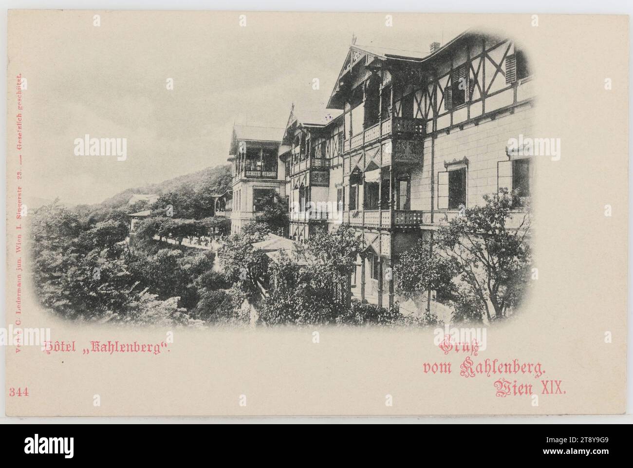 19th, Kahlenberg - Hotel Kahlenberg, cartolina fotografica, Carl (Karl) Ledermann Jr., produttore, data intorno al 1898, cartone, collotipo, Vienna Woods, industria alberghiera e della ristorazione, siti ed edifici scomparsi, 19° distretto: Döbling, hotel, inn, pensione, hotel Kahlenberg, Kahlenberg, The Vienna Collection Foto Stock