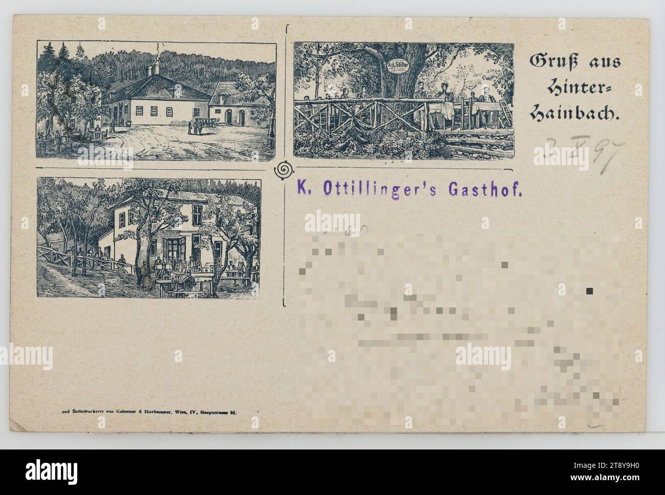 14th, Hainbach - K. Ottillinger's Gasthof, Picture Postcard, Guberner & Hierhammer, Stampanti, 1897, cartone, litografia, Vienna Woods, hotel e ristoranti, 14° distretto, Vienna Collection Foto Stock