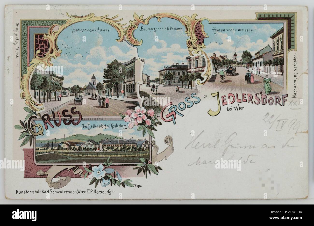 21°, Großjedlersdorf - carta multi-immagine con 4 motivi, cartolina fotografica, Karl Schwidernoch, produttore, 1899, cartone rivestito, litografia a colori, altezza x larghezza 9 x 14 cm, 21° distretto: Floridsdorf, strada, casa abituale o fila di case, casa condominiale, casa con magazzino, chiesa (esterna), la Vienna Collection Foto Stock