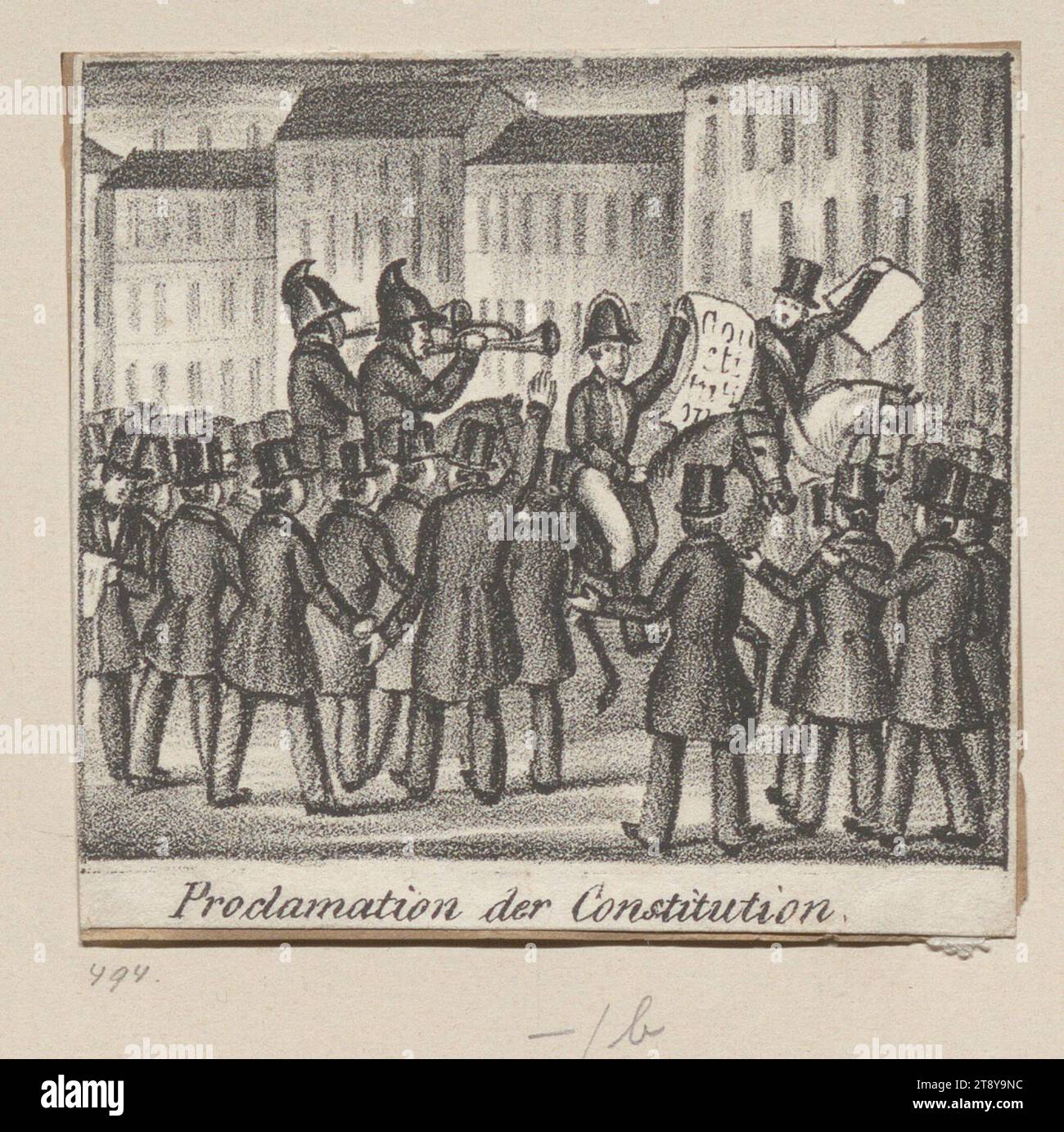 Proclamazione della Costituzione”. (Dettaglio di un foglio illustrativo sulla rivoluzione del 1848), sconosciuto, 1848, carta, litografia a gesso, altezza 7,4 cm, larghezza 7,8 cm, rivoluzioni di 1848, 1849, Belle Arti, annuncio, proclamazione delle leggi, la Collezione Vienna Foto Stock