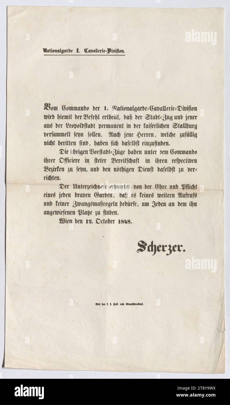 Distacco del comandante della Guardia Nazionale, 1st Cavalry Division: Il City Platoon e il Leopold City Platoon sono ordinati a Stallburg, Johann Georg Scherzer (1776-1858), Auteur, 1848, carta, stampa, altezza 44 cm, larghezza 26, 5 cm, militare, rivoluzioni di 1848, 1849, comunicazione (militare), la collezione Vienna Foto Stock