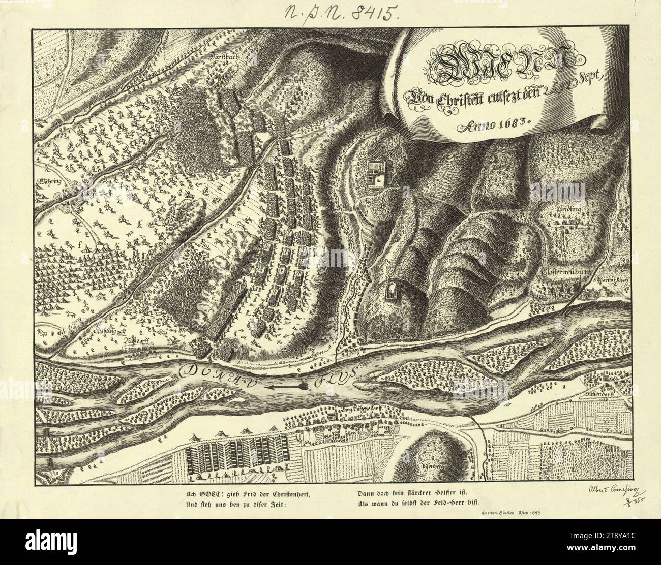 WIENN, Von Christen entsezt den 2. (12.) Sett, anno 1683', Albert von Camesina (1806-1881), litografo, 1865, paper, litografia, altezza x larghezza 24, 4 x 31, 1 cm, assedio ottomano di Vienna, eventi di guerra, militari, dintorni di Vienna, armature di battaglia, campo (militare) con tende, collezione di Vienna Foto Stock