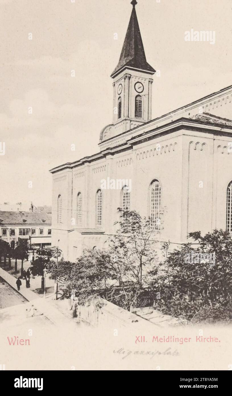 12°, Migazziplatz - Meidlinger Kirche, cartolina fotografica, Sperlings Postkartenverlag (M. S.), Producer, 1900-1905, cartone, collotipo, altezza x larghezza 14 x 9 cm, dodicesimo distretto: Meidling, chiesa (esterno), con persone, Meidlinger Kirche., la Vienna Collection Foto Stock