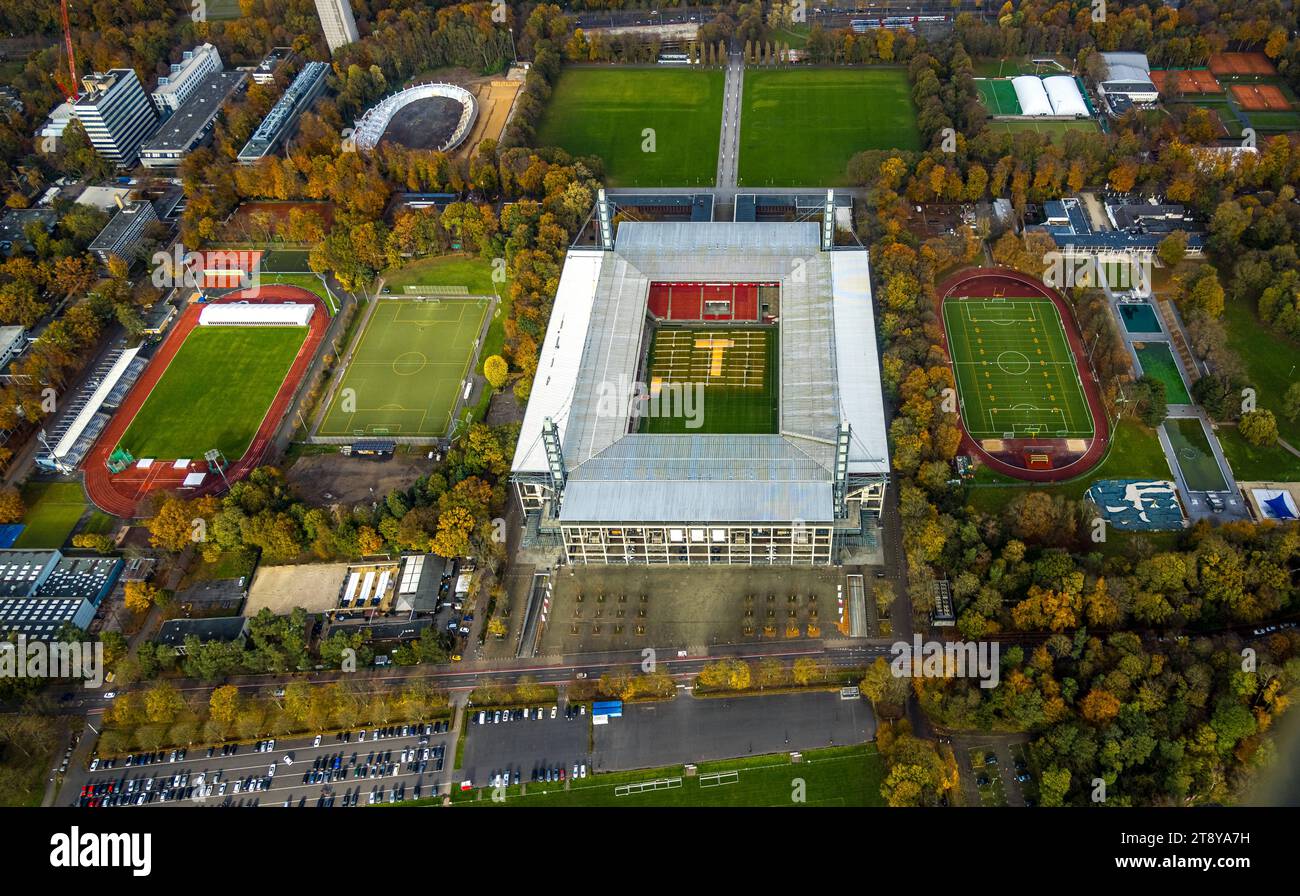 Luftbild, Bundesligastadion RheinEnergieStadion des 1. FC Köln, ehemals Müngersdorfer Stadion Fußballplatz und Trainingsplätze umgeben von herbstlichen Laubbäumen, hinten das Radstadion Köln Baustelle mit Umbau Sportstätte Albert-Richter-Bahn, Müngersdorf, Köln, Rheinland, Nordrhein-Westfalen, Deutschland ACHTUNGxMINDESTHONORARx60xEURO *** Vista aerea, stadio della Bundesliga RheinEnergieStadion di 1 FC Köln, ex campo da calcio e da allenamento Müngersdorfer Stadion circondato da alberi decidui autunnali, sullo sfondo lo stadio ciclistico di Colonia cantiere con ricostruzione di Foto Stock