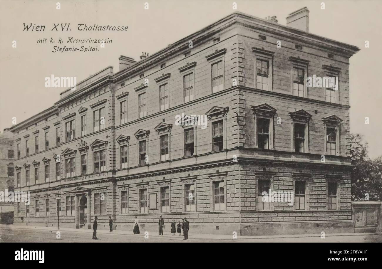 16°, Thaliastraße 44 - Stefaniespital, cartolina fotografica, Sperlings Postkartenverlag (M. M. S.), produttore, datato intorno al 1910, cartone, collotipo, altezza x larghezza 9 x 14 cm, assistenza sanitaria, 16° distretto: Ottakring, ospedale, con persone, Stefaniespital, Thaliastraße, la Vienna Collection Foto Stock