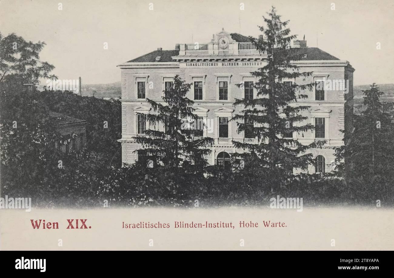 19th, Hohe Warte 32 - Israelitisches Blinden-Institut, cartolina fotografica, Sperlings Postkartenverlag (M. S.), Producer, 1900-1905, Cardboard, Collotype, altezza x larghezza 9 x 14 cm, vita sociale, ebraica, 19: Döbling, la collezione Vienna Foto Stock